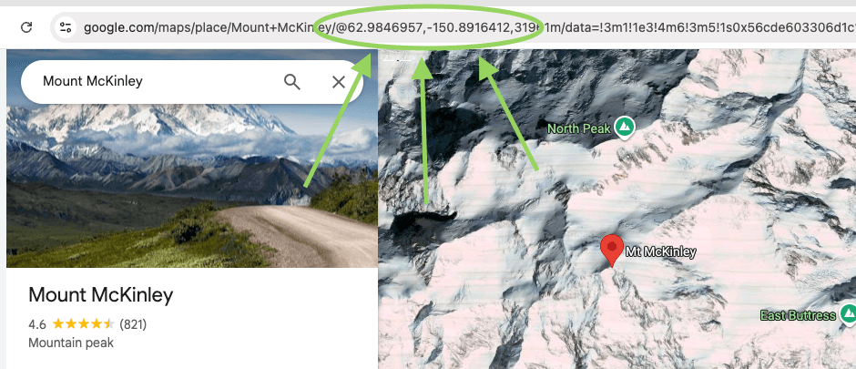 A screenshot of the Google Maps interface in a browser with Mt McKinley in Alaska selected. The URL is visible and the coordinates are highlighted with a green circle